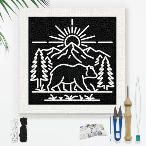Doodlream Mountain Bear Needle Kit for Beginner, 9.4"x 9.4" Forest Landscape Punch Stitching Craft Set, DIY Embroidery Starter with Printed Frame, Instruction, Threader, Yarn, Pinch Needle by Doodlream