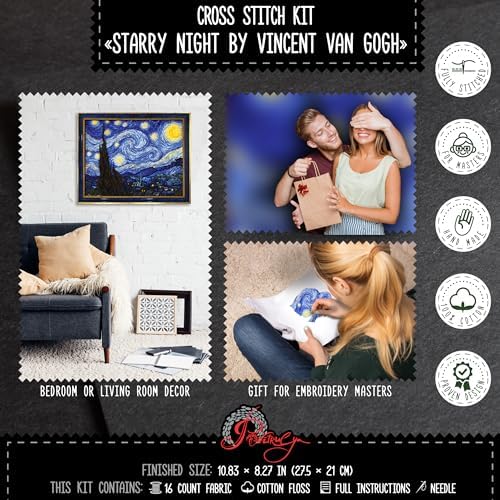 Povitrulya Counted Cross Stitch Kit for Adults 'Starry Night' by Vincent Van Gogh - Impressionist Art - Embroidery Set with Pattern, Famous Painting Design - Image 5