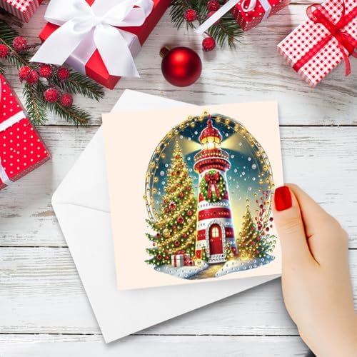 6PCS DIY Diamond Art Painting Greeting Card Set Xmas Lighthouse Rhinestone Diamond Art Mosaic Postcards for Xmas Birthdays Thanksgiving & Special Occasion - Image 4