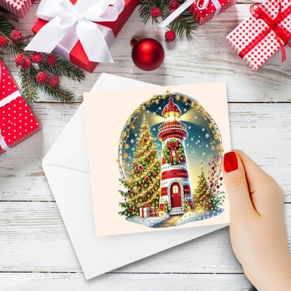 6PCS DIY Diamond Art Painting Greeting Card Set Xmas Lighthouse Rhinestone Diamond Art Mosaic Postcards for Xmas Birthdays Thanksgiving & Special Occasion - Image 4