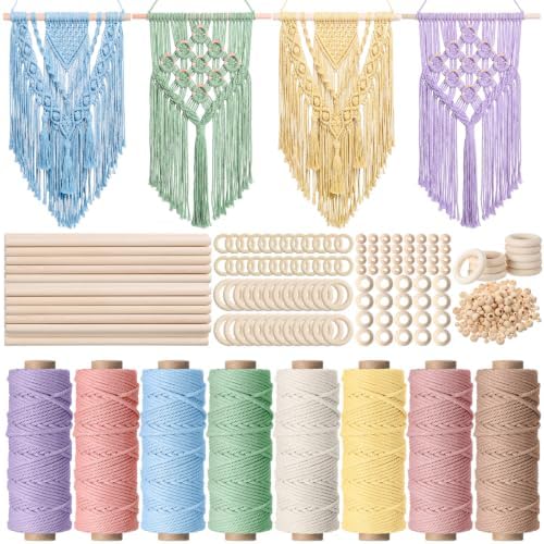 Wesnoy 268 Pcs Macrame Kits for Adults Beginners Weaving Supplies with 3 mm Macrame Cord Cotton, Wooden Beads, Wooden Rings and Sticks for DIY Plant Hangers Wall Hangings, No Insturctions (Pastel) by Wesnoy