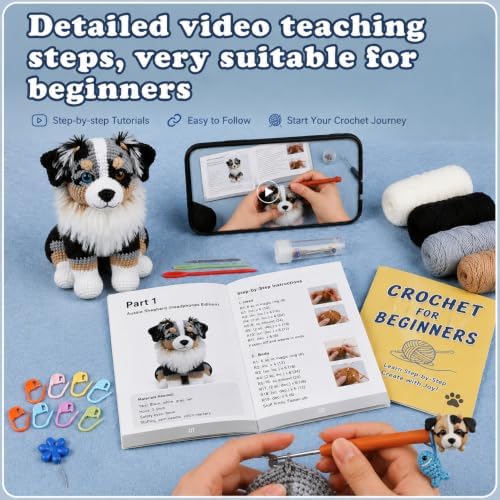 Beginner Crochet Kit for Adults & Teens, Australian Shepherd Dog Amigurumi Crochet Kit, Complete DIY Craft Supplies with Instructions, Cute Puppy Animal Starter Kit, Handmade Gift for Crochet Lovers - Image 2