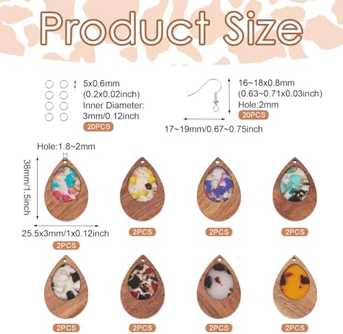 Boutigem 56Pcs Teardrop Resin Wooden Earring Pendants Kit with Vintage Drop Wood Charms Ornament Earring Hooks Jump Rings for DIY Necklace Choker Jewelry Making - Image 2