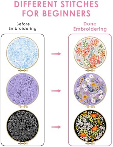 TINDTOP Embroidery Kit for Adult, 3 Pack Embroidery DIY Starter Kit, with Stamped Patterns, Hoop, Tools, Colorful Threads with Needles, Instructions (Bouquet) - Image 3