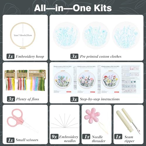 3 Pack Embroidery Kits for Beginners, Flower Pattern Kit for Adults Starter - Image 2