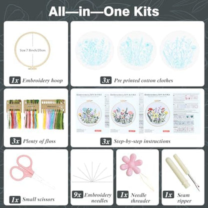 3 Pack Embroidery Kits for Beginners, Flower Pattern Kit for Adults Starter - Image 2