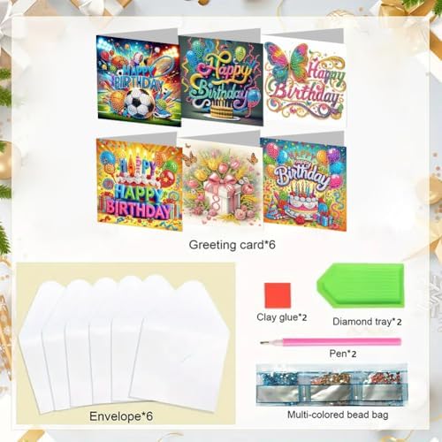 jinglinhh 6pcs Happy Birthday Football Butterfly Diamond Art Painting Greeting Cards with Envelopes, DIY Card Making Kits for Adults, Diamond Art Postcards Christmas Cards Craft Gifts - Image 3