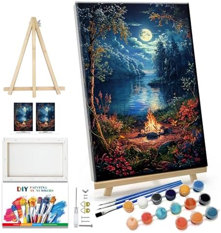 JOOZ Landscape Paint by Numbers Kit for Adults Beginner with Easel Moon Paint by Number on Canvas with Frame DIY Acrylic Painting for Ideal Gift Home Wall Decor 7.87x11.81 Inch by Jooz