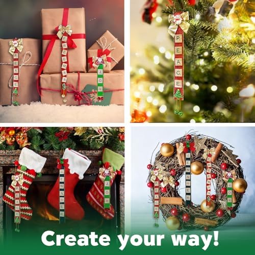Christmas Ornaments Tree Decorations Personalized Crafts for Adults Kit DIY Ribbon Letter Tiles Bells Rustic Stockings Name Tags Hanging Xmas Decor for Gifts Wreath Holiday(Red & Green) - Image 5