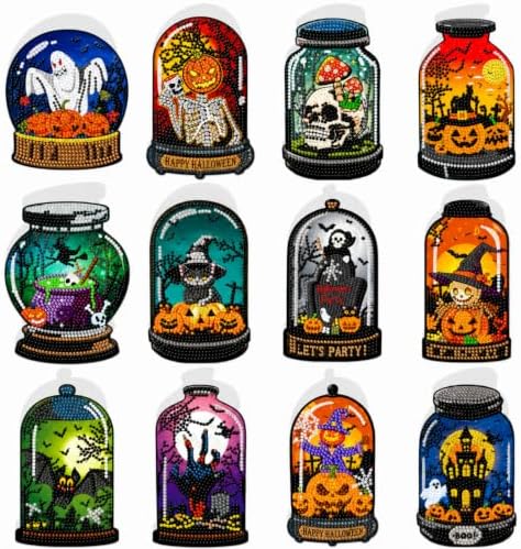 Saillong 12 Pack Halloween Diamond Painting Greeting Card Kits DIY Halloween Diamond Art Cards with Envelopes Bat Black Cat Pumpkin 5D Rhinestones Painting Kit for Adults DIY Craft Family Friend Gifts by Saillong