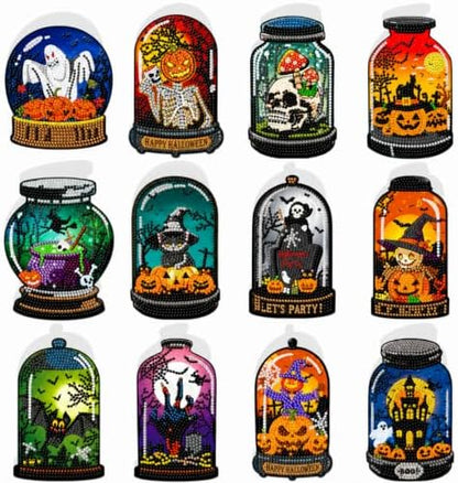 Saillong 12 Pack Halloween Diamond Painting Greeting Card Kits DIY Halloween Diamond Art Cards with Envelopes Bat Black Cat Pumpkin 5D Rhinestones Painting Kit for Adults DIY Craft Family Friend Gifts by Saillong