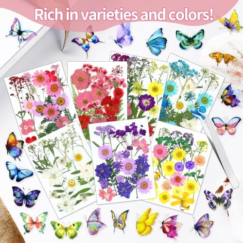 190 Pcs Dried Pressed Flowers for Resin, Real Dried Pressed Flowers for Resin Butterfly Stickers DIY Art with Tweezers Crafts Decorate for Candles Jewelry Nail Crafts - Image 4