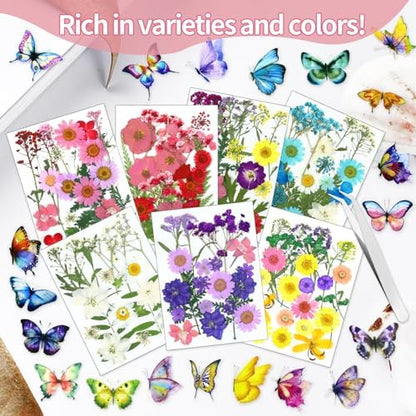 190 Pcs Dried Pressed Flowers for Resin, Real Dried Pressed Flowers for Resin Butterfly Stickers DIY Art with Tweezers Crafts Decorate for Candles Jewelry Nail Crafts - Image 4