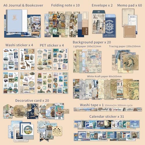 emmoolife Scrapbooking Supplies Kit, Daily Life World Travel Scrapbook Kit for Bullet Junk Journal, Stationery, A6 Grid Notebook, DIY Journaling Supplies, Birthday Craft Gift Teen Women - Image 2