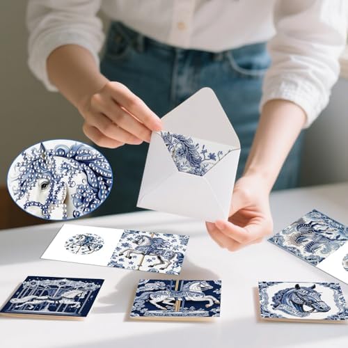 6pcs Diamond Painting Greeting Card with envelopes, DIY Blue and white carousel Diamond Art Greeting Card for Blessing and Wish Special Shaped Arts Crafts for Christmas Birthday Thanksgiving Day - Image 7