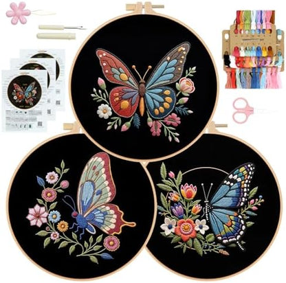 RidaaFri Embroidery Kit for Beginners, 3 Pk Stamped Butterfly DIY Craft by RidaaFri