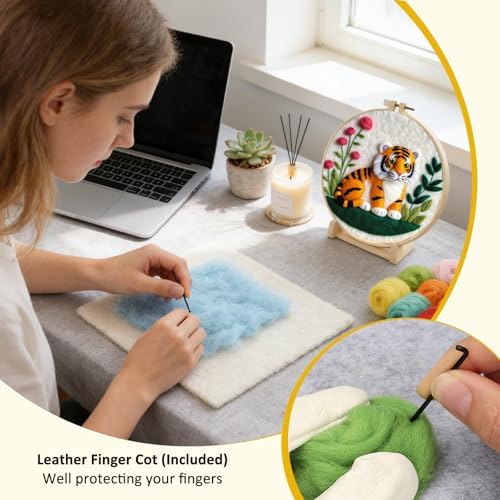 Zovylks Needle Felting Kit for Adults, 7.9 Inch Wool Felt Painting DIY Craft Set for Beginners, Needle Felt Starter Kit with Picture Frame, Foam Pad, Finger Cot (Tiger) - Image 5
