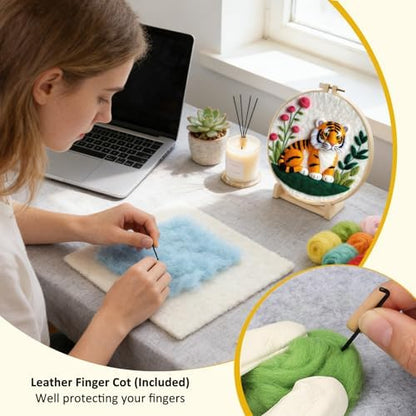 Zovylks Needle Felting Kit for Adults, 7.9 Inch Wool Felt Painting DIY Craft Set for Beginners, Needle Felt Starter Kit with Picture Frame, Foam Pad, Finger Cot (Tiger) - Image 5