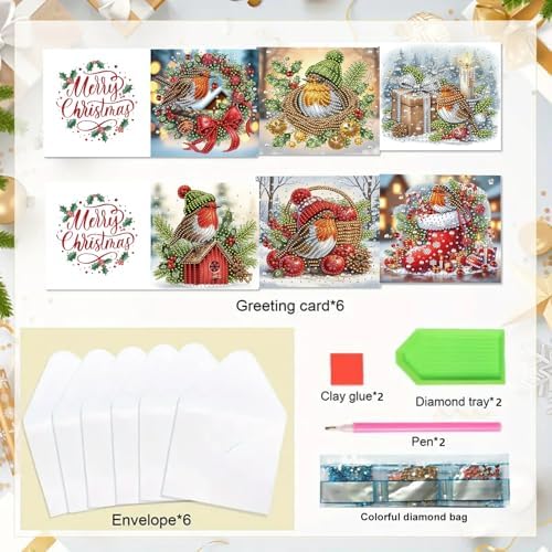 6Pcs Christmas Greeting Card DIY Diamond Art Painting Greeting Cards Blessing Folding Card Kit with White Envelopes Diamond Arts Crafts for Birthday Festival Gift-Bird02 - Image 6