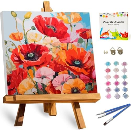 TOCARE Framed Paint by Numbers Kit for Adults Red Poppy Paint by Number Framed, Adult Paint by Number Kits on Canvas Framed Flowers for Home Wall Decor (10x10 Inch, Without Easel) by TOCAREDirect