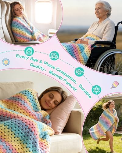 Aeelike Crochet Blanket Kit for Beginners,Rainbow Granny Square,Easy Start - Image 6