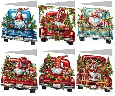 jinglinhh 6pcs Diamond Art Painting Christmas Truck Gnome Greeting Cards with Envelopes, DIY Card Making Kits for Adults, Diamond Art Christmas Cards for Birthday Holiday Postcards by Unknown