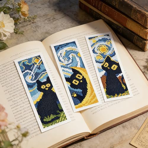 ORIGACH 6 Set Black Cat & Starry Night Cross Stitch Bookmark Kit - Image 6