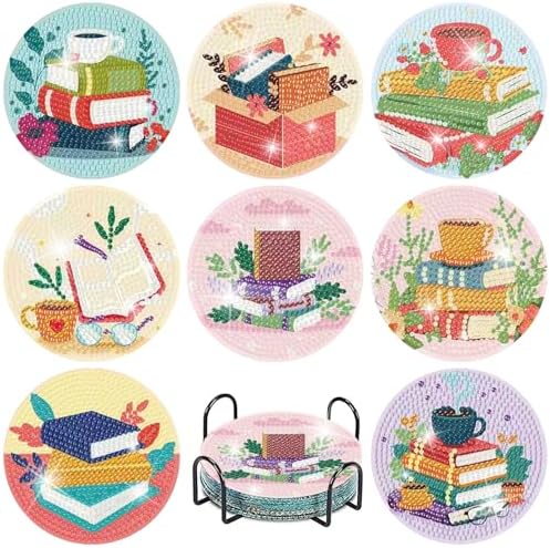 8 Pcs Book Diamond Art Coasters Kit - DIY 5D Diamond Painting Coasters with Holder, Mini Diamonds Arts Kits for Adults Coaster with Cork Pads, Gem Arts Dots Painting Crafts Supplies for Home Decor by Fotasmua