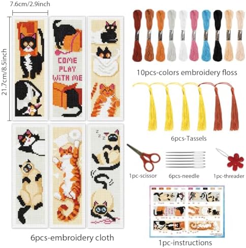 INFUNLY 6 Pcs Cute Cat Cross Stitch Bookmark Kit with Tassels, Stamped Pre-Printed Embroidery for Adult Beginners, Tools with Floss Scissors Needles Instructions, DIY Gift for Book Lovers - Image 2