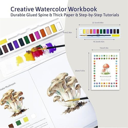 CraftyManor Watercolor Workbook Creative Insect Water color Paint Book Set with Paints & Brush, 12 Patterns of Original DIY Designs, Beginner-Friendly Adult Coloring Books (Mushroom) - Image 2