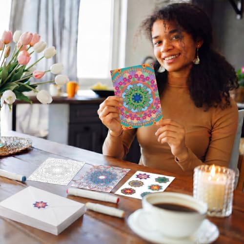 Gueevin 24 Pcs Mandala Coloring Greeting Cards with Envelopes and Stickers Floral Color Your Own Postcards 4 x 6 Flower Thank You Note Cards for Adults Wedding Birthday Gifting DIY Crafts Mailing - Image 6