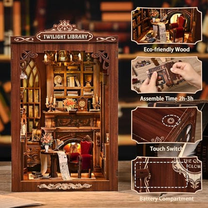 Library Book Nook Kit, DIY Miniature House Kit with LED, Vintage Study Bookshelf Decor, 3D Wooden Puzzle Craft, Gifts for Readers, Adults, Teens, Beginners (Twilight Library) - Image 5