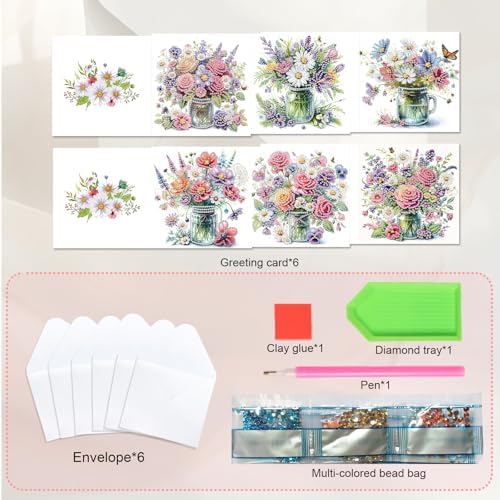 JISHSHAY 6 PCS Diamond Art Greeting Cards Flower Diamond Painting Birthday Cards Vase Gem Art Gem Painting Mosaic Kits for Adults for Thanksgiving Anniversary Valentine Graduation All-Occasion - Image 3