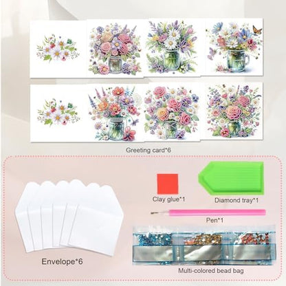 JISHSHAY 6 PCS Diamond Art Greeting Cards Flower Diamond Painting Birthday Cards Vase Gem Art Gem Painting Mosaic Kits for Adults for Thanksgiving Anniversary Valentine Graduation All-Occasion - Image 3