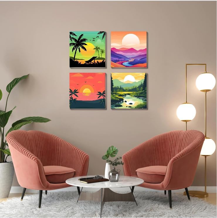 Canrichshop 4 Framed Landscape DIY Paint by Numbers Kit for Adults Beginner,Sunset Easy Painting by Number with Canvas,Acrylic Paint Kit Arts and Crafts for Adults for Decor 8x8inch - Image 5