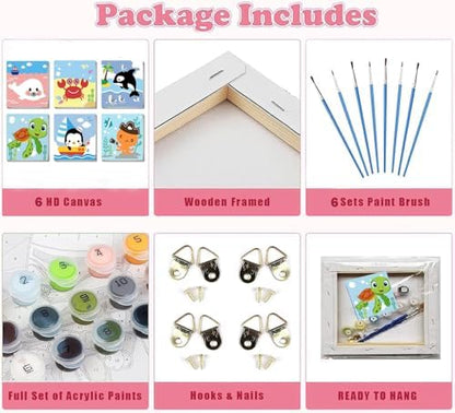 MXCFZX 6 Pack Framed Paint by Numbers Kit for Kids,Cute Sea Animals Painting Kits for Ages 4-6-12,Easy Paint by Number Kids Paint for Beginner,DIY Acrylic Oil Painting Kit for Wall Decor(8X8inch) - Image 4