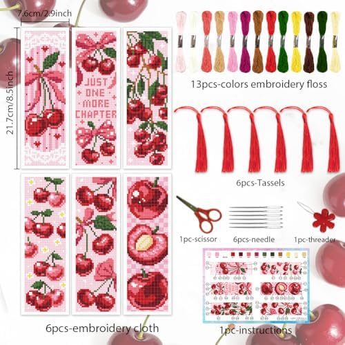INFUNLY 6PCS Pink Cherry Cross Stitch Bookmark Kit for Adults 8.5"×3" Stamped Embroidery Bookmark Kit Bow DIY Bookmark Cross Stitch Kits with Instruction for Book Lovers Reader Writers - Image 2