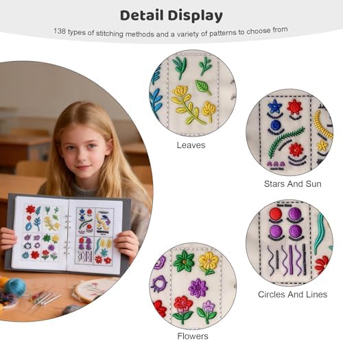 Vipxsa Embroidery Stitch Book Kit for Beginners, 138 Patterns with Embroidery Hoop & 87 PCS Tools, Portable Loose-Leaf Beginner Embroidery Kit Hand Embroidery Starter Kit for Adults DIY Craft Lovers - Image 2