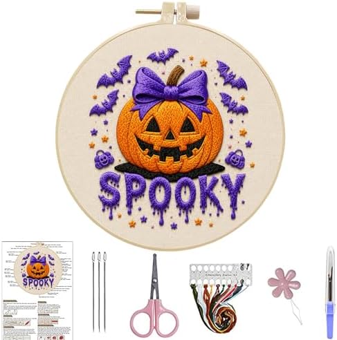 DIYDeligths Halloween Embroidery Kit for Beginners Adults Hand Needlepoint Craft Complete Featuring Pre Printed Pattern 7.87in Hoop Needles Threads and Guide for Craft Lovers (Pumpkin) by DiamondPaintingOrnament