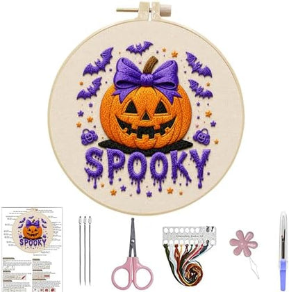 DIYDeligths Halloween Embroidery Kit for Beginners Adults Hand Needlepoint Craft Complete Featuring Pre Printed Pattern 7.87in Hoop Needles Threads and Guide for Craft Lovers (Pumpkin) by DiamondPaintingOrnament