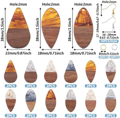 Cheriswelry Earring Making Kit 24Pcs 38x18-22mm Teardrop Resin Walnut Wood Pendants with 60Pcs 17-19mm Brass Earring Hooks 60Pcs 8x1mm Brass Jump Rings for DIY Dangle Earring - Image 4
