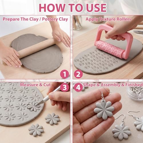 Leriton 9 Pcs Clay Texture Roller Set with Handle, Floral - Image 5