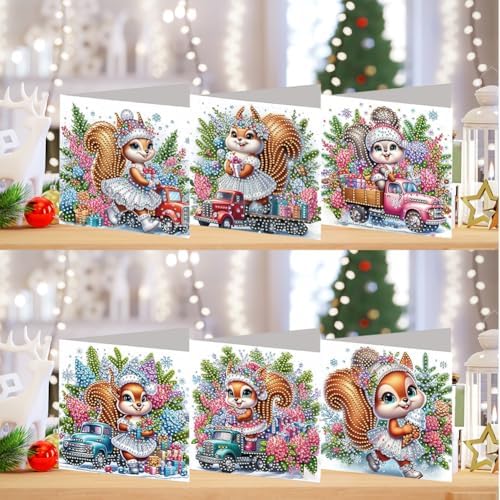 jinglinhh 6pcs Diamond Art Painting Christmas Squirrel Lavender Hydrangea Flowers Truck Greeting Cards with Envelopes, DIY Card Making Kits for Adults, Diamond Art Postcards Christmas Cards Craft Gift - Image 4