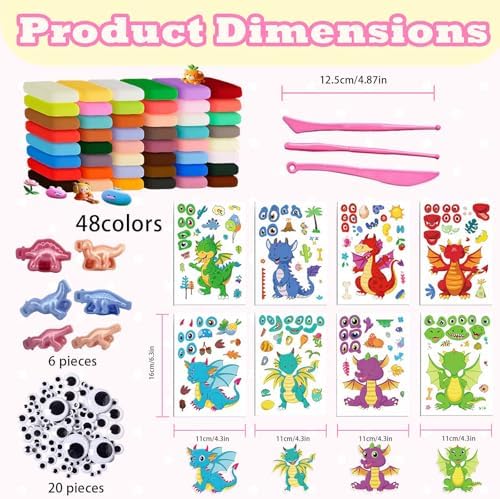 Adult Air Dry Clay Kit 48 Colors,8 Dinosaur Sticker Sheets,3 Sculpting Tools,20 Assorted Adhesive Eyes&6 Dinosaur Molds,Soft Lightweight Modeling Clay for DIY Sculpting, Handcraft Creation for adult - Image 3