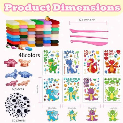 Adult Air Dry Clay Kit 48 Colors,8 Dinosaur Sticker Sheets,3 Sculpting Tools,20 Assorted Adhesive Eyes&6 Dinosaur Molds,Soft Lightweight Modeling Clay for DIY Sculpting, Handcraft Creation for adult - Image 3