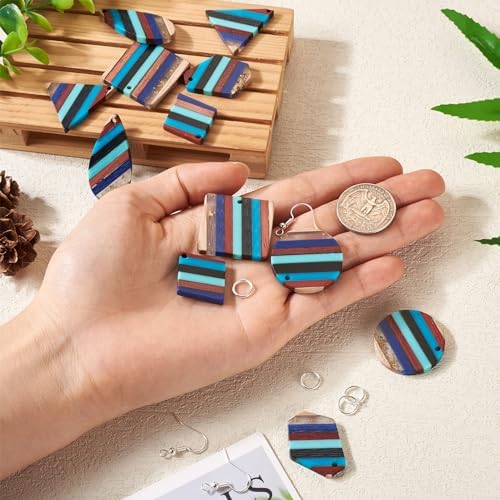 FASHEWELRY Striped Resin Wood Earrings Charms Cyan Rhombus Teardrop Flat Round Wooden Earring Blanks Earring Findings Wooden Earring Pieces for Jewelry Making, 52pcs/box - Image 6