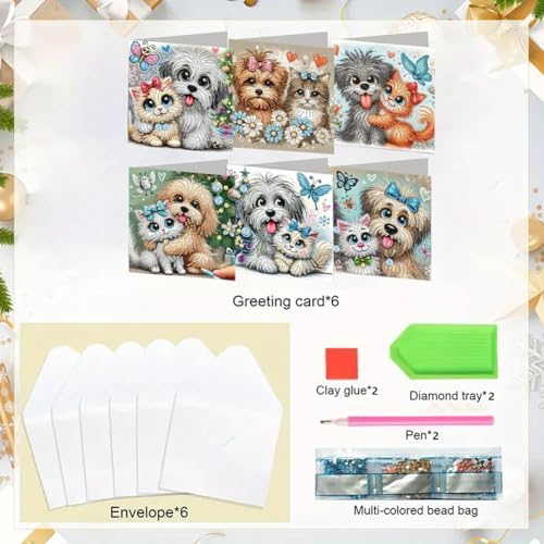 jinglinhh 6pcs Big-Eyed Cats Dogs Butterfly Diamond Art Painting Greeting Cards with Envelopes, DIY Card Making Kits for Adults, Diamond Art Postcards Christmas Cards Craft Gifts - Image 3
