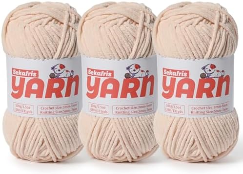 3 Pack Plush Chunky Chenille Yarn for Crocheting, Soft Fluffy Velvet Yarn for Crocheting, Fuzzy Baby Blanket Knitting Yarn, 300g/393yds Bulky Amigurumi Yarns（3 Beige） by Sekafris