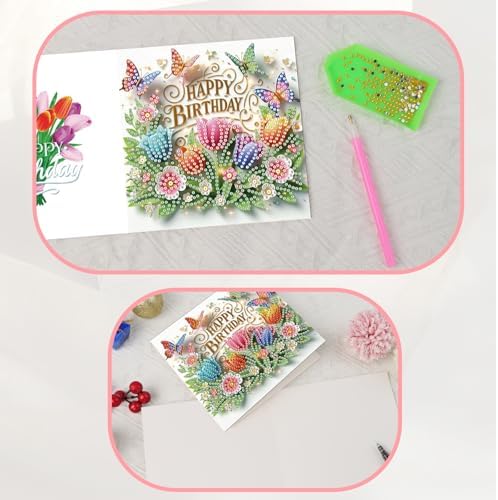 JISHSHAY 6 PCS Diamond Painting Happy Birthday Cards Flower Diamond Art Greeting Cards with Envelopes Tulip Gem Art Gem Painting Embroidery Kit Mosaic Kits for Adults with Special Shape Drills - Image 5