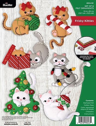 Bucilla Felt Applique 6 Piece Ornament Making Kit, Frisky Kitties, Perfect for Holiday DIY Arts and Crafts, 89643E by Bucilla